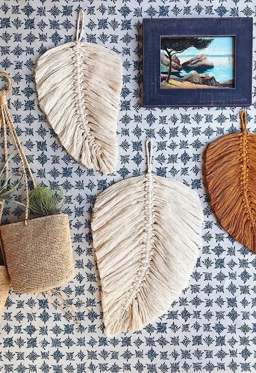 Elegant boho macrame wall hangings paired with indoor plants
