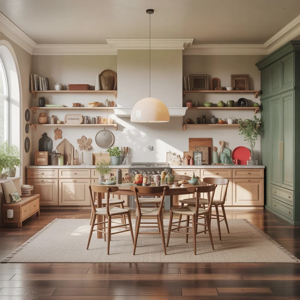 Eclectic dining table with mismatched chairs.