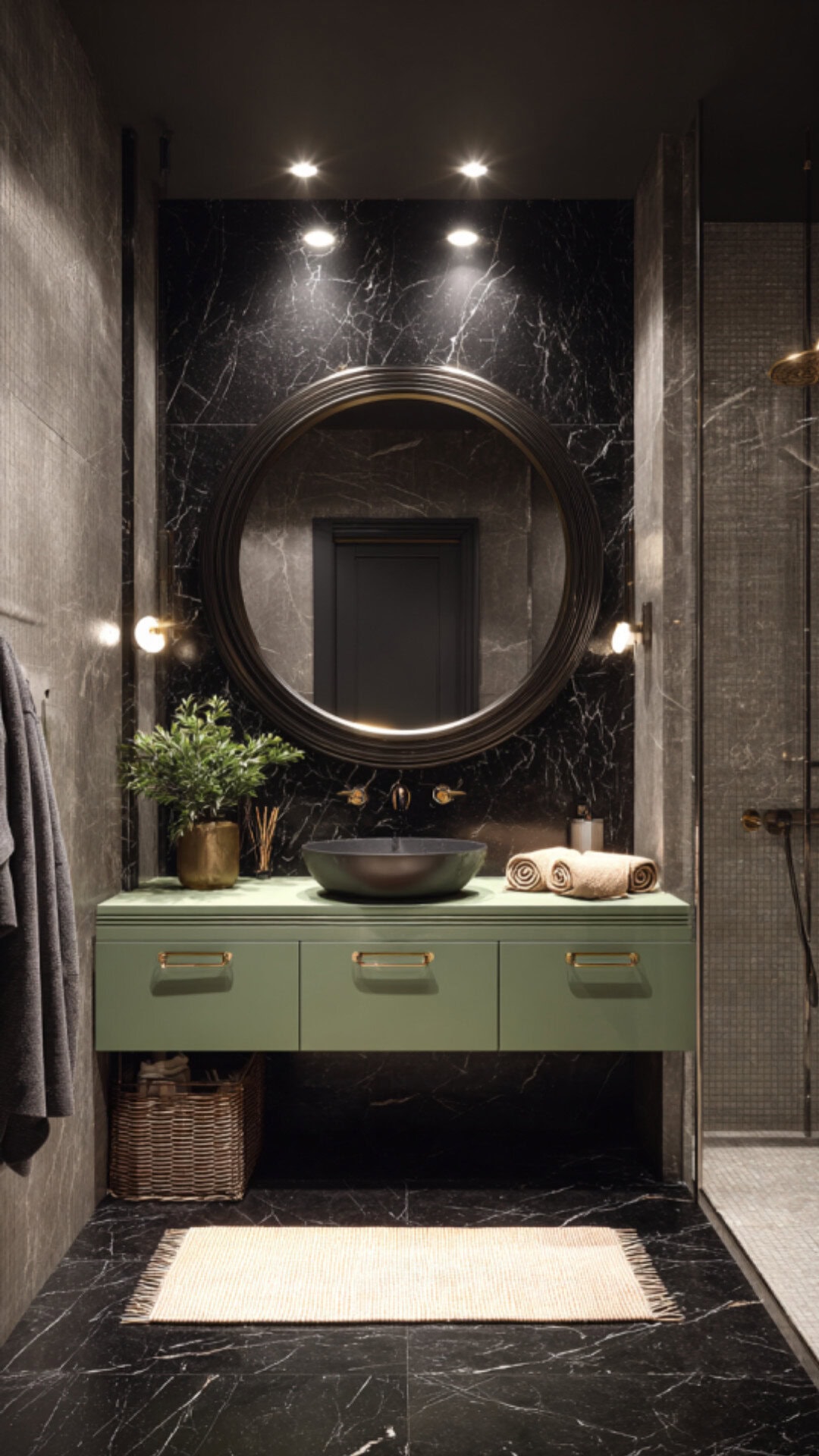 Serene black marble bathroom ideas with plant accents and decor