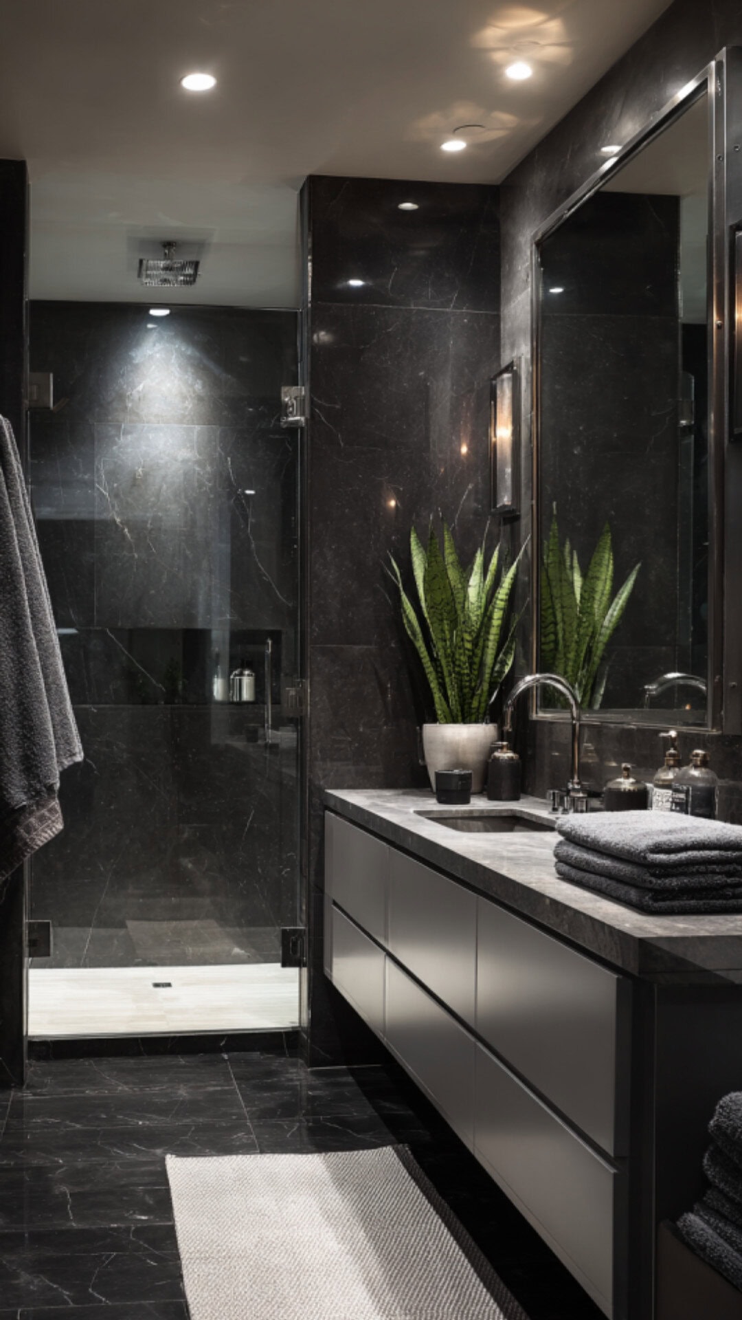 Elegant black marble bathroom ideas showcasing a freestanding tub design