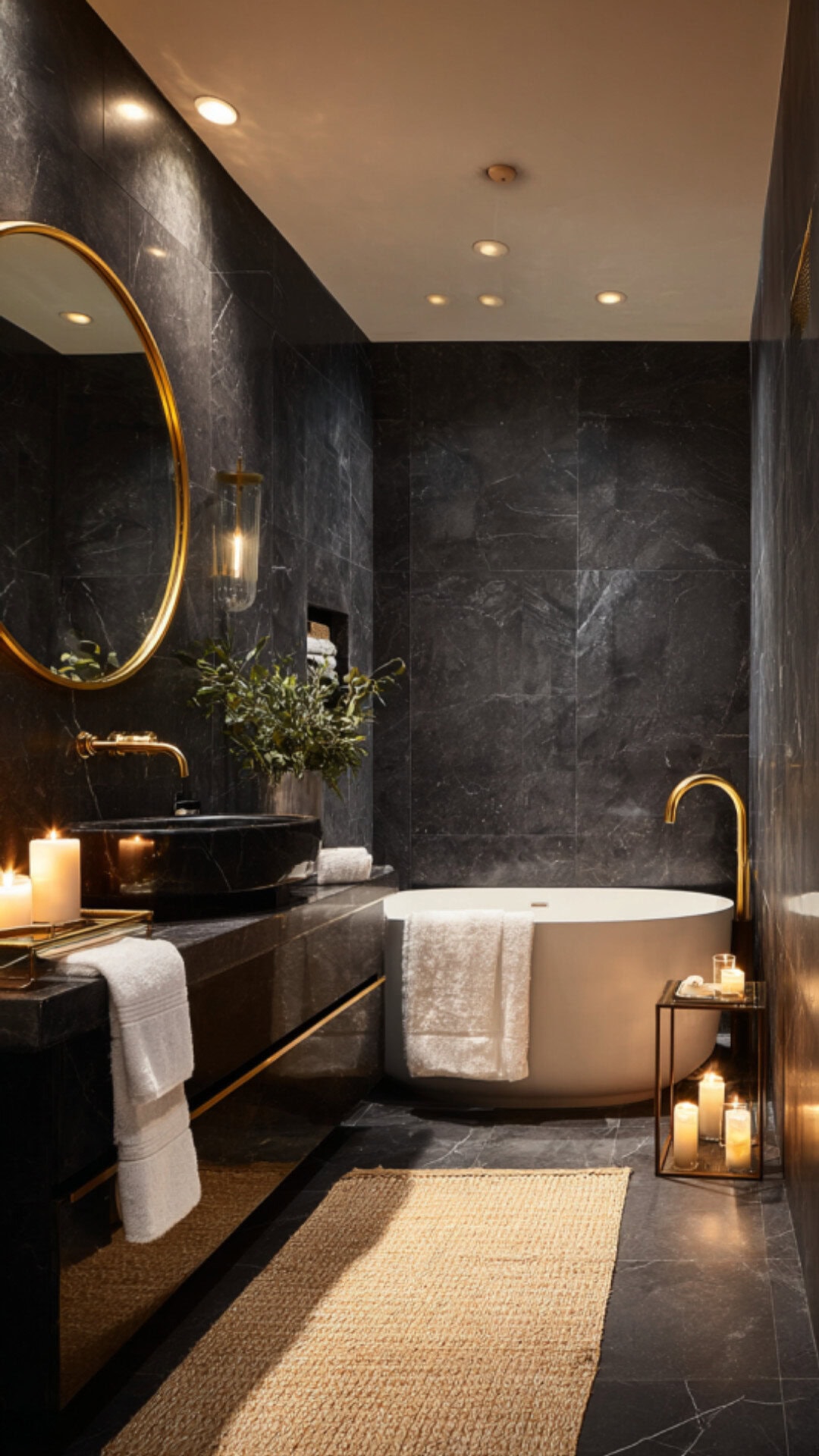 Stylish black marble bathroom ideas with gold accents and accessories