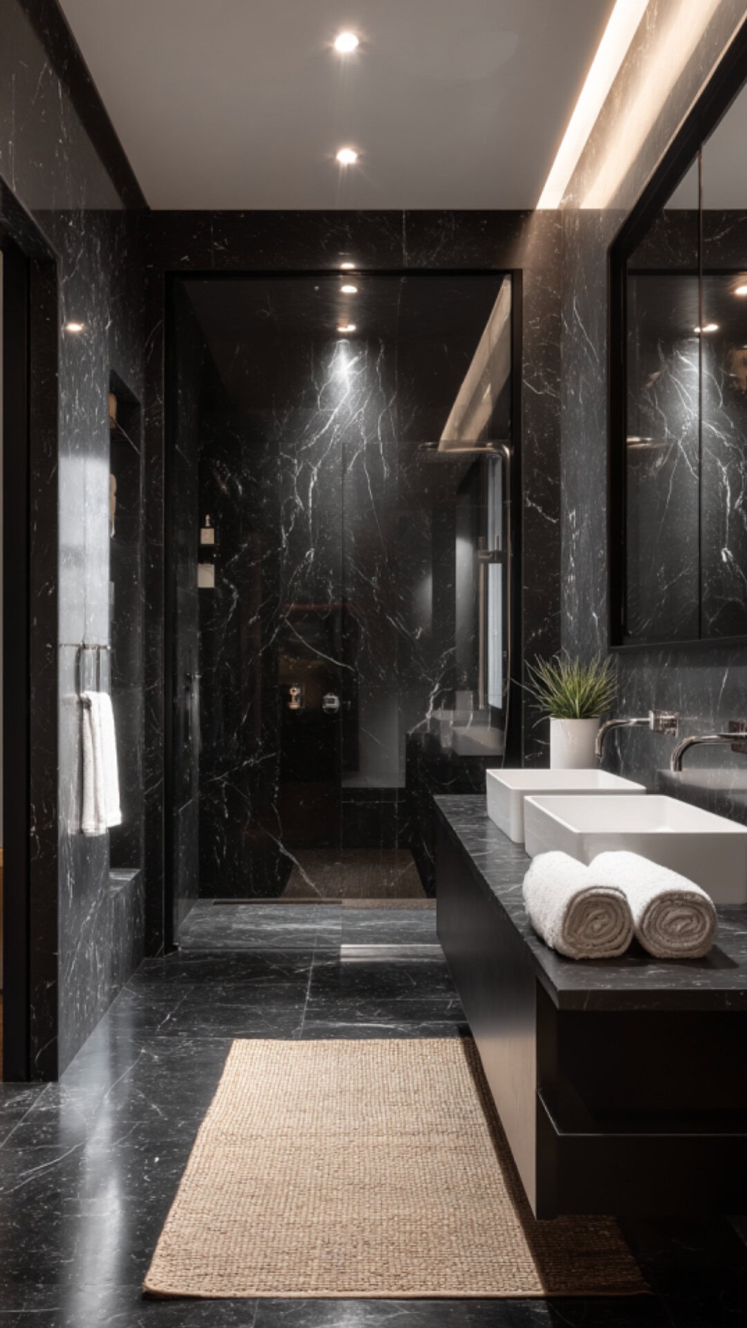Luxe black marble bathroom ideas highlighted by plush towels and decor