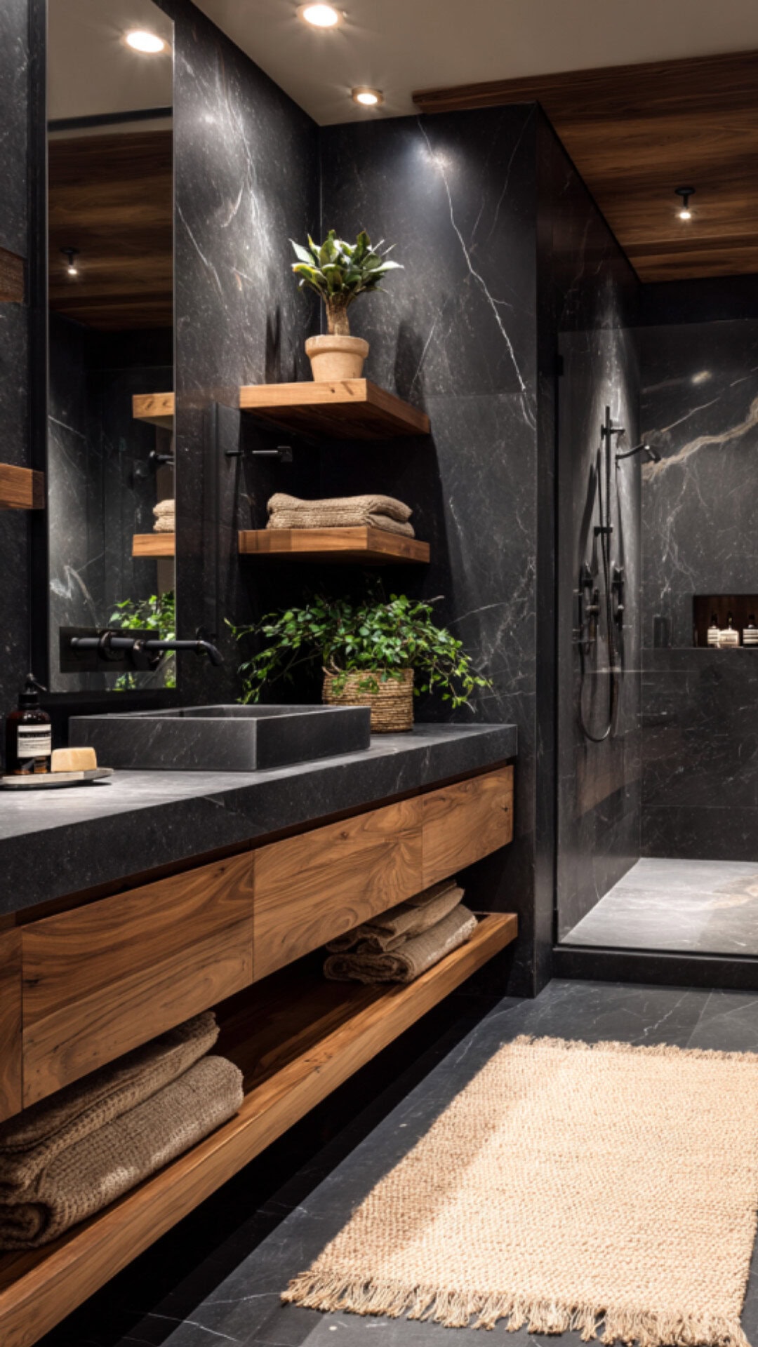 Contemporary black marble bathroom ideas with striking wall patterns
