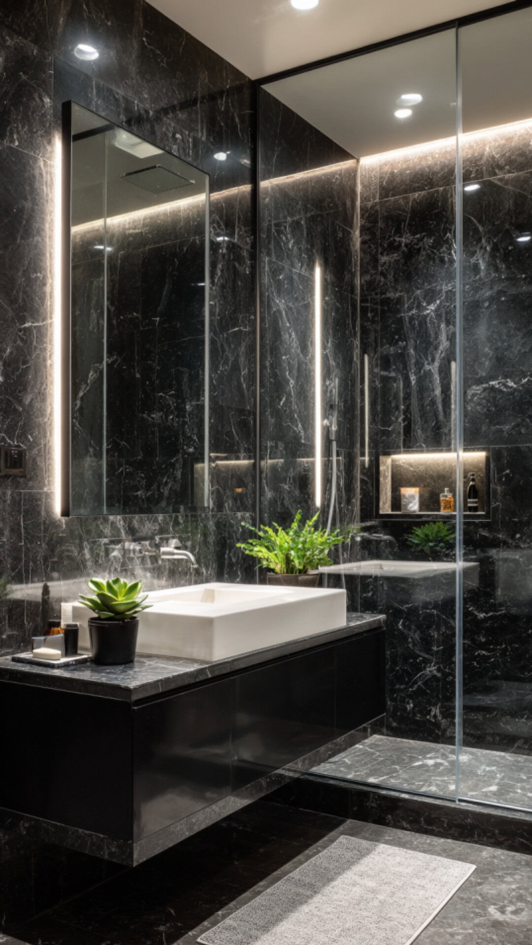 Chic black marble bathroom ideas featuring double sinks and mirrors