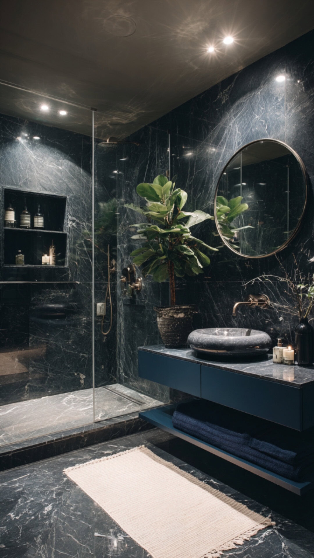 Trendy black marble bathroom ideas integrating natural wood elements