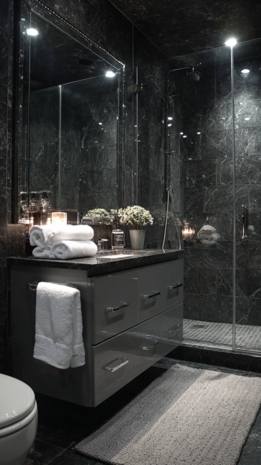 Gorgeous black marble bathroom ideas displaying unique tile layouts