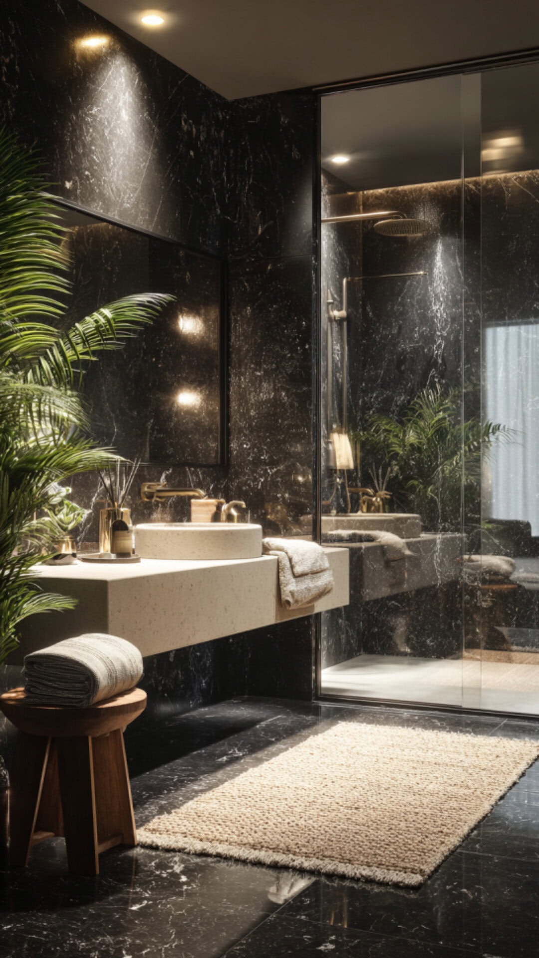 Modern black marble bathroom ideas with soft ambient lighting
