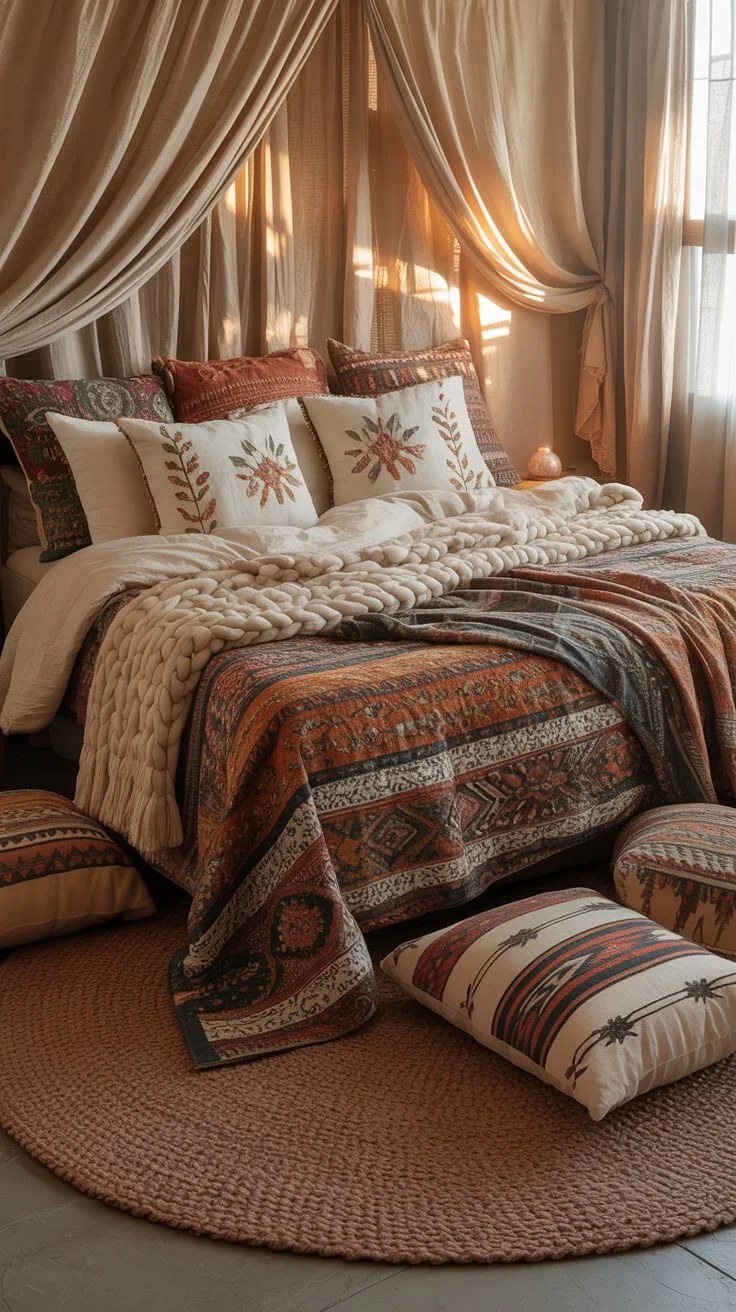 Colorful rugs ground the boho bedroom design beautifully