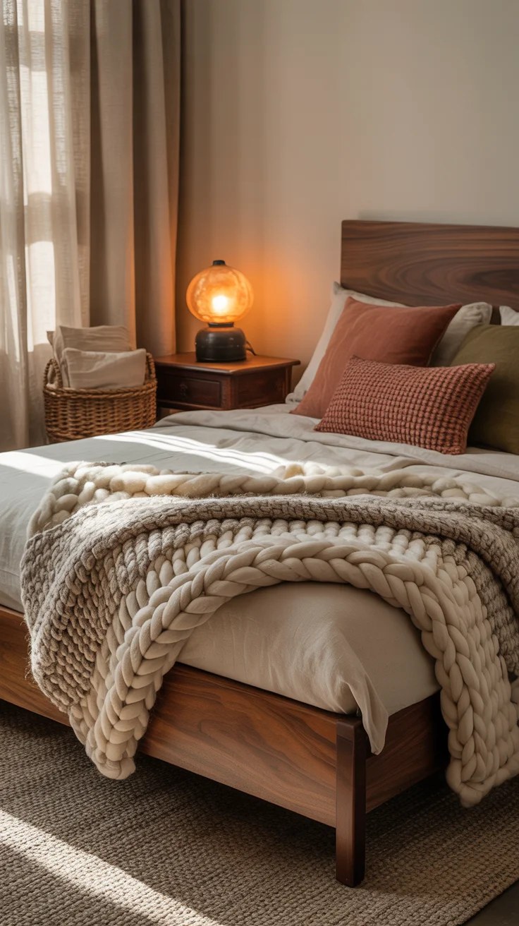 Rattan headboard brings vintage charm into the bedroom