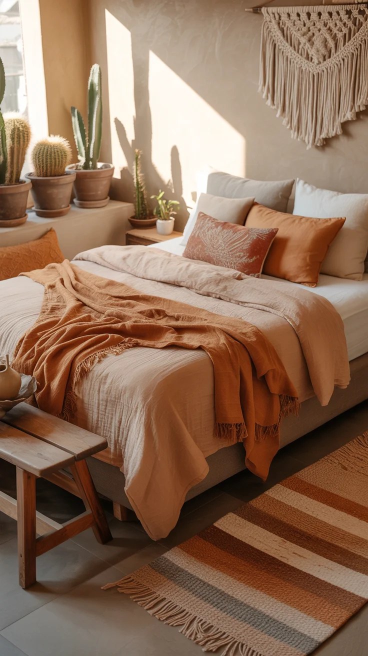 Indoor plants introduce vitality into the bedroom decor