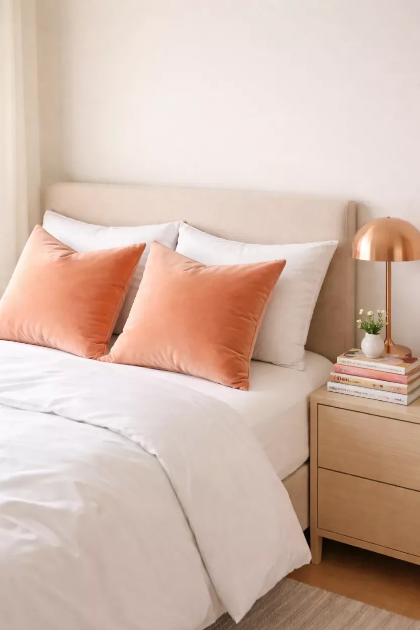 Layered textures in spring-themed bedroom setting.