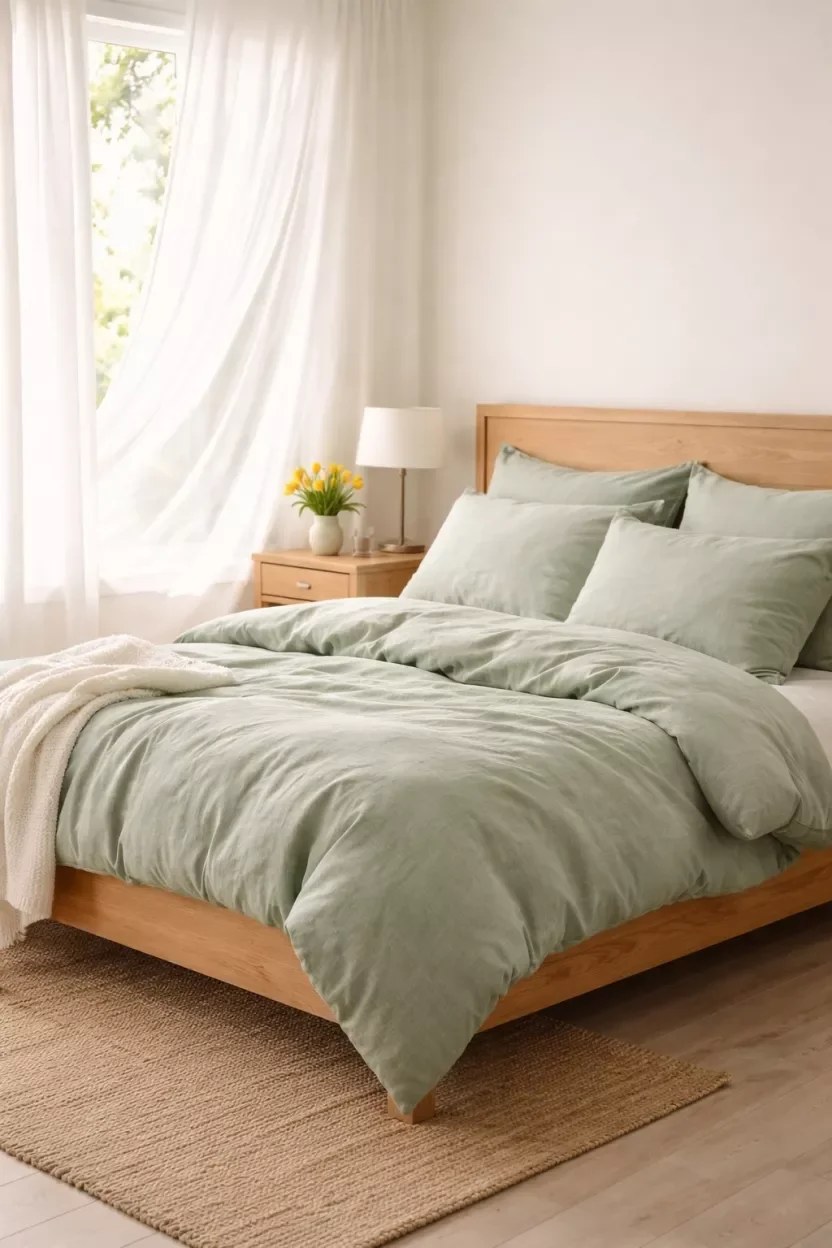 Fresh bedding paired with floral accents and decorative pillows.