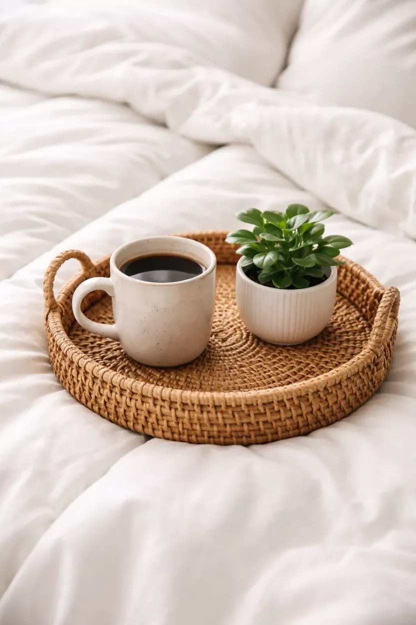 Layered textiles including chunky knit and delicate quilts.