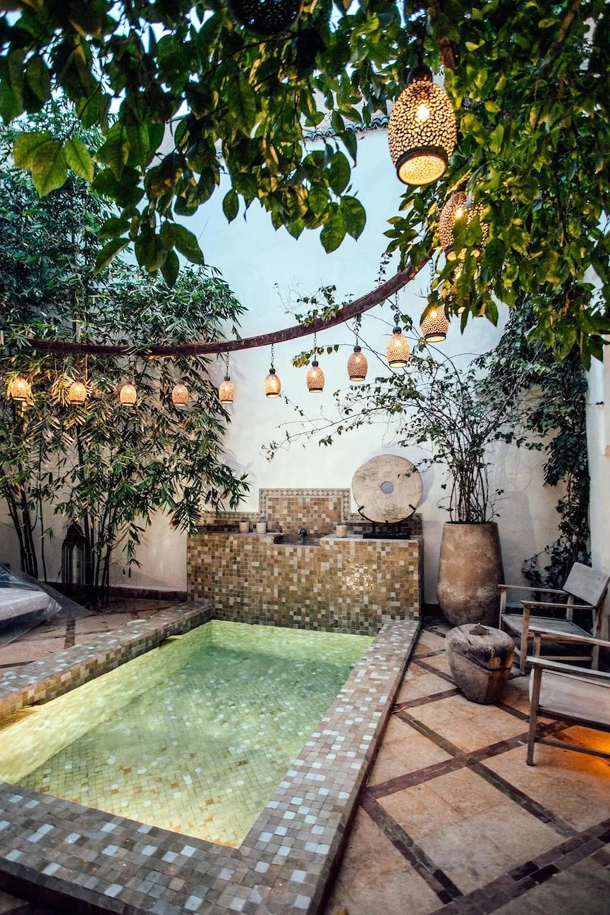 Rustic wooden furniture showcasing unique bohemian backyard ideas style