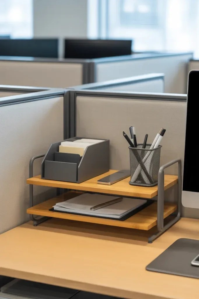 Multi-tiered shelving organized with decor and books behind a desk