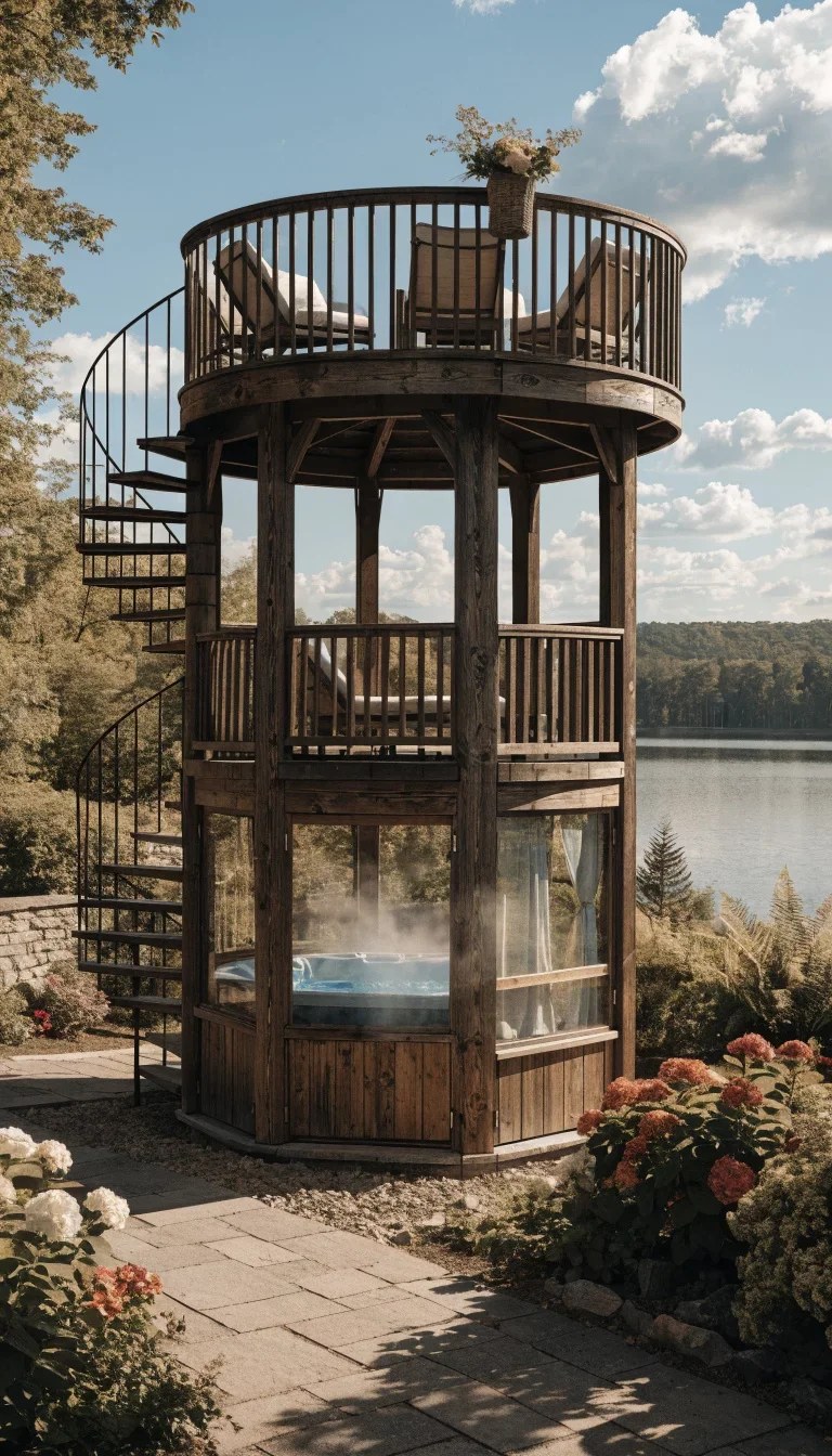 Rustic chic hot tub gazebo ideas with exposed beams