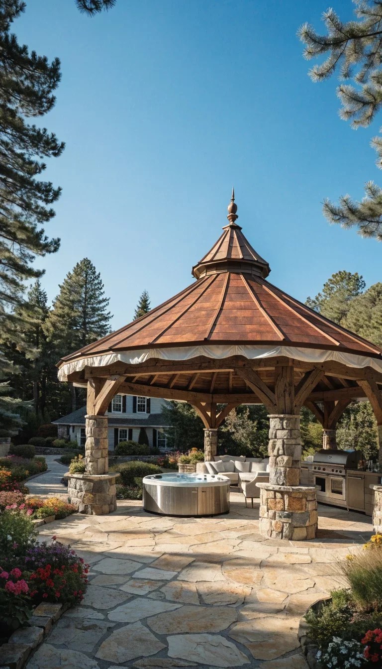 Stylish hot tub gazebo ideas incorporating comfortable lounge chairs