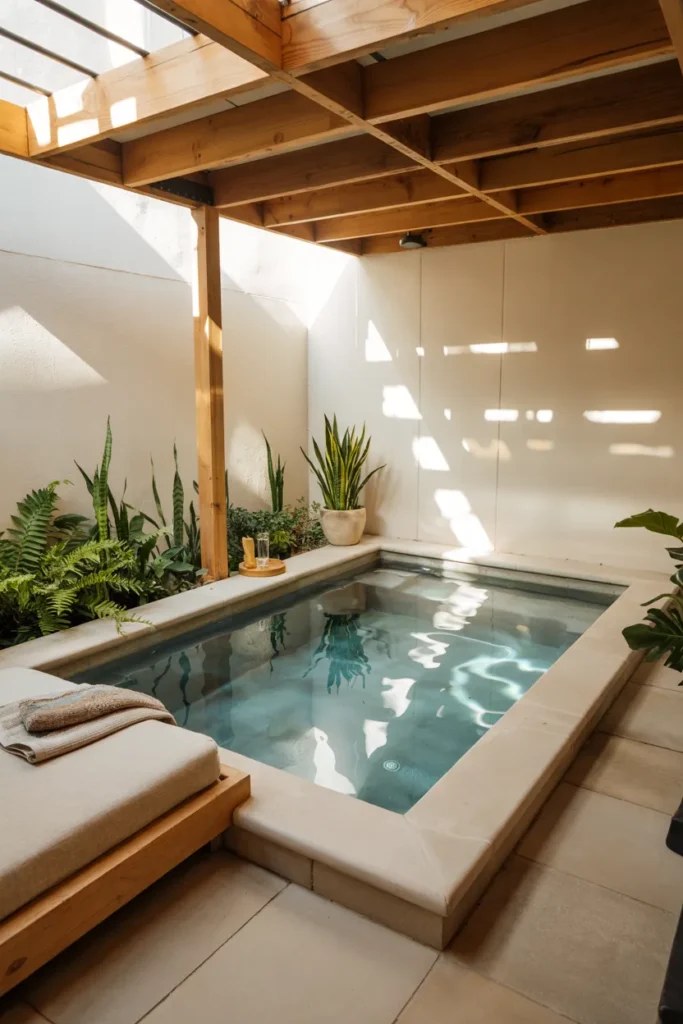 Trendy small plunge pool ideas paired with stylish fire pits