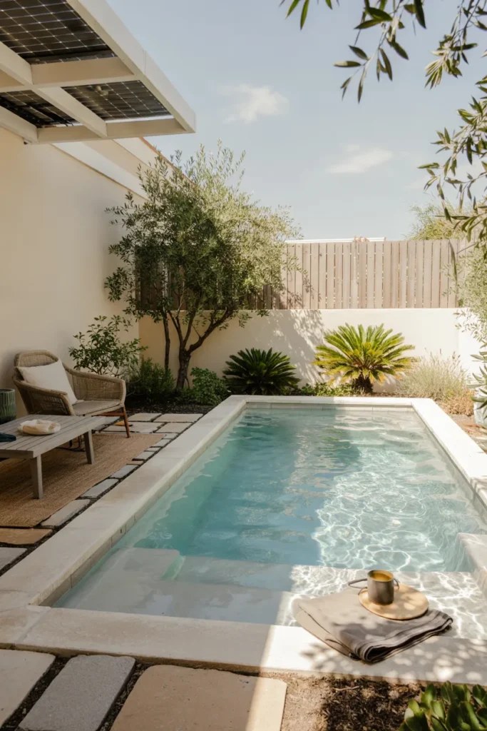 Dreamy small plunge pool idea bordered by soft outdoor rugs