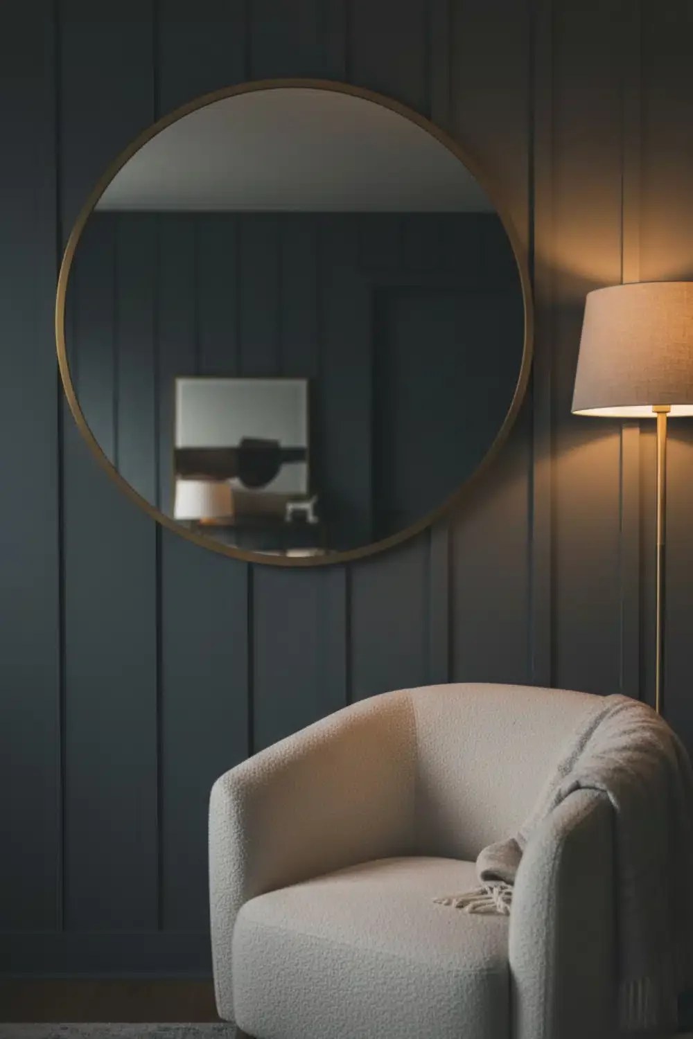 Large mirror enhancing depth in a cozy living space