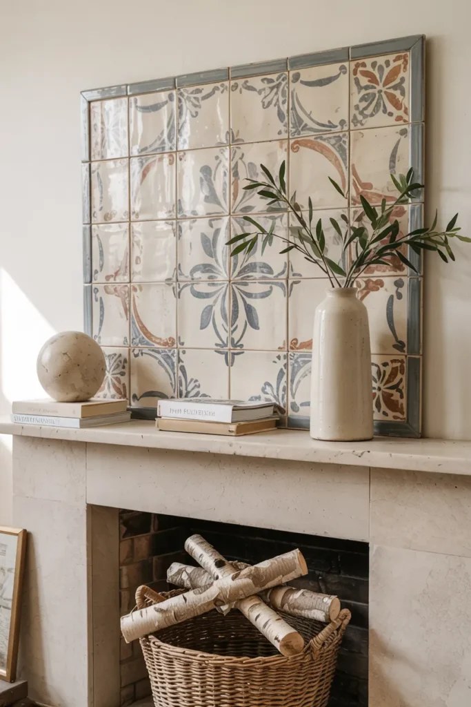 Layered summer mantel decor ideas combining different heights and shapes