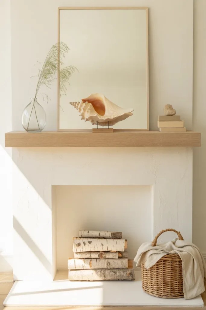 Calm summer mantel decor ideas featuring neutral color palette