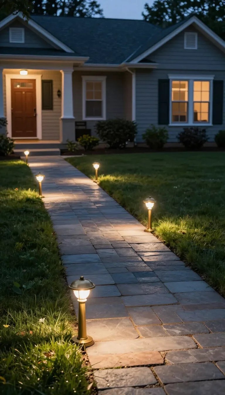 Stylish outdoor spotlight illuminating a garden path at dusk.