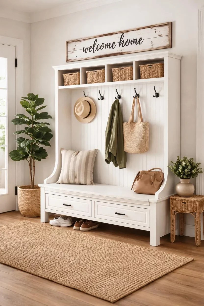 Coastal vibe entryway with a white bench and nautical accents.
