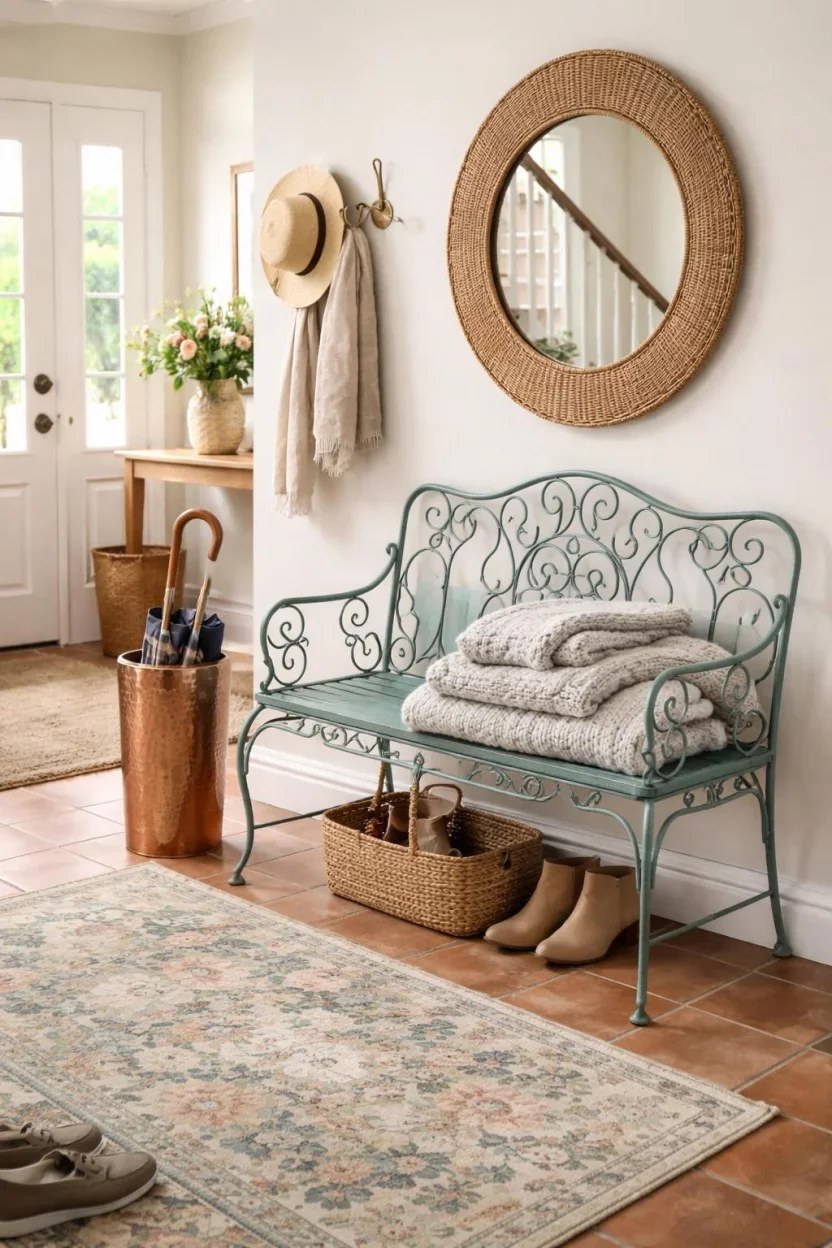 Cottage style entryway featuring a vintage teal bench.