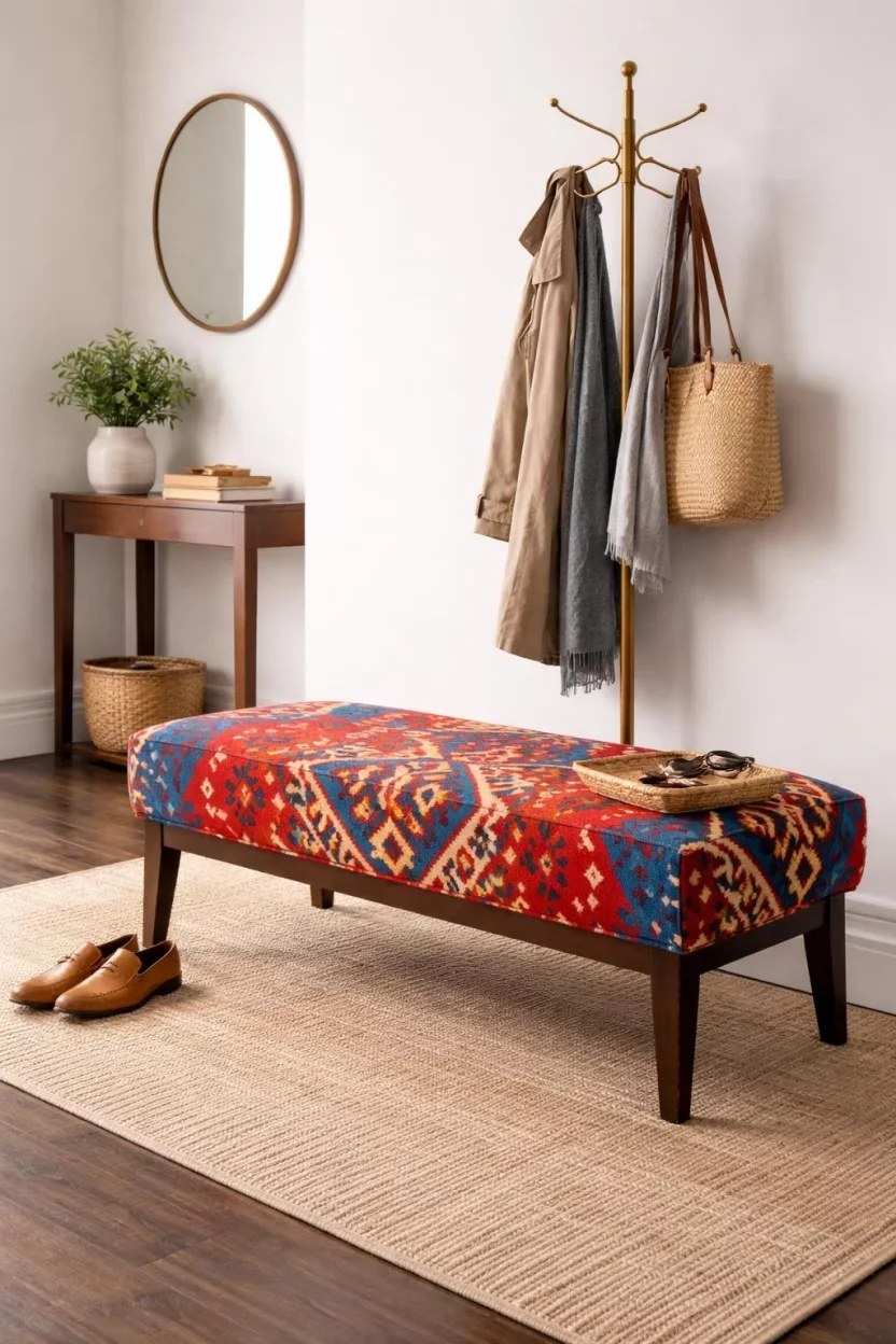 Eclectic space with Kilim upholstered bench and gold coat stand.