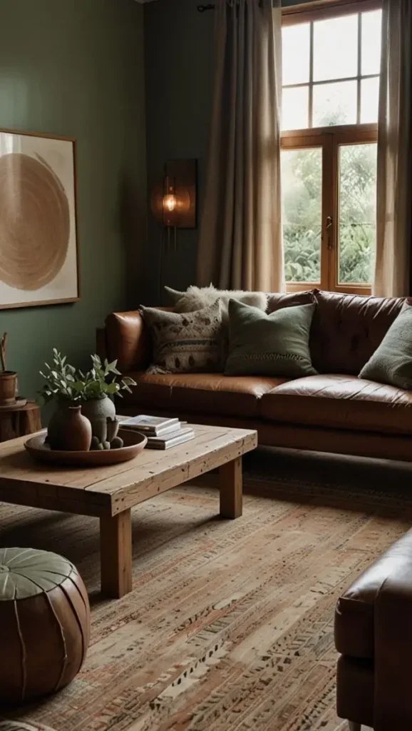Earth tone paintings enhancing a boho-inspired wall.