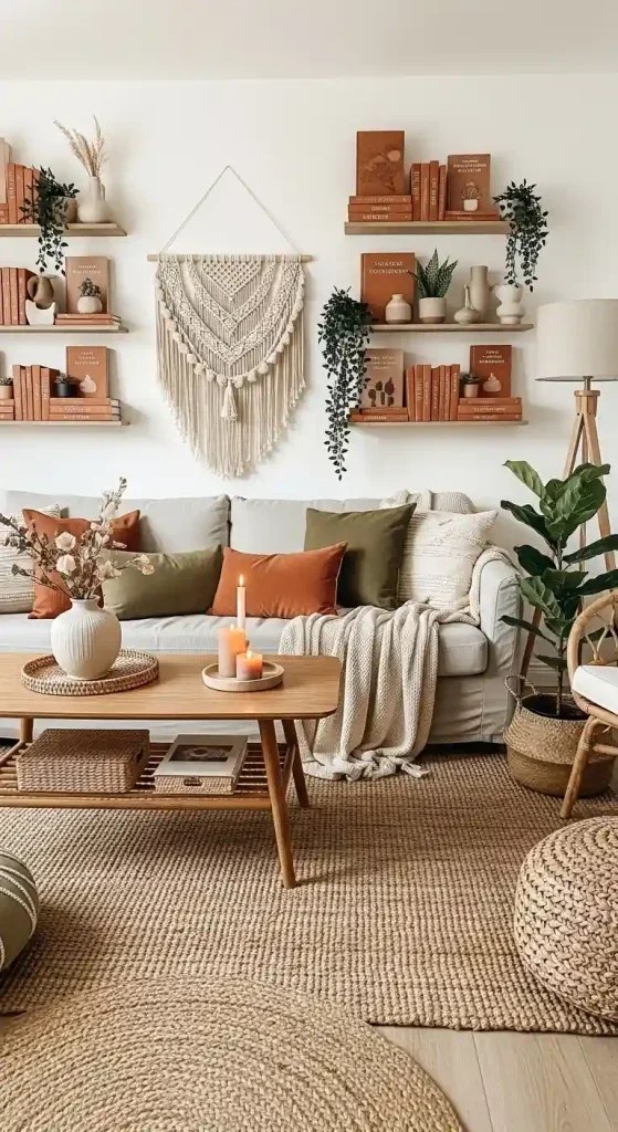 Cozy earth-toned throws layered on a comfortable sofa.