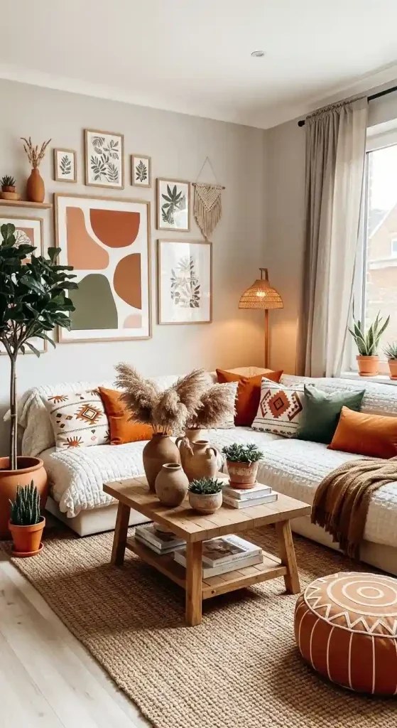 Bookshelf showcasing earth-toned decor and plants.