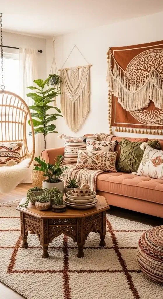 Natural wood accents enrich the living room's atmosphere.