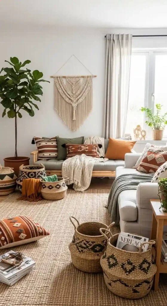 Lush green plants complement earthy living room decor.