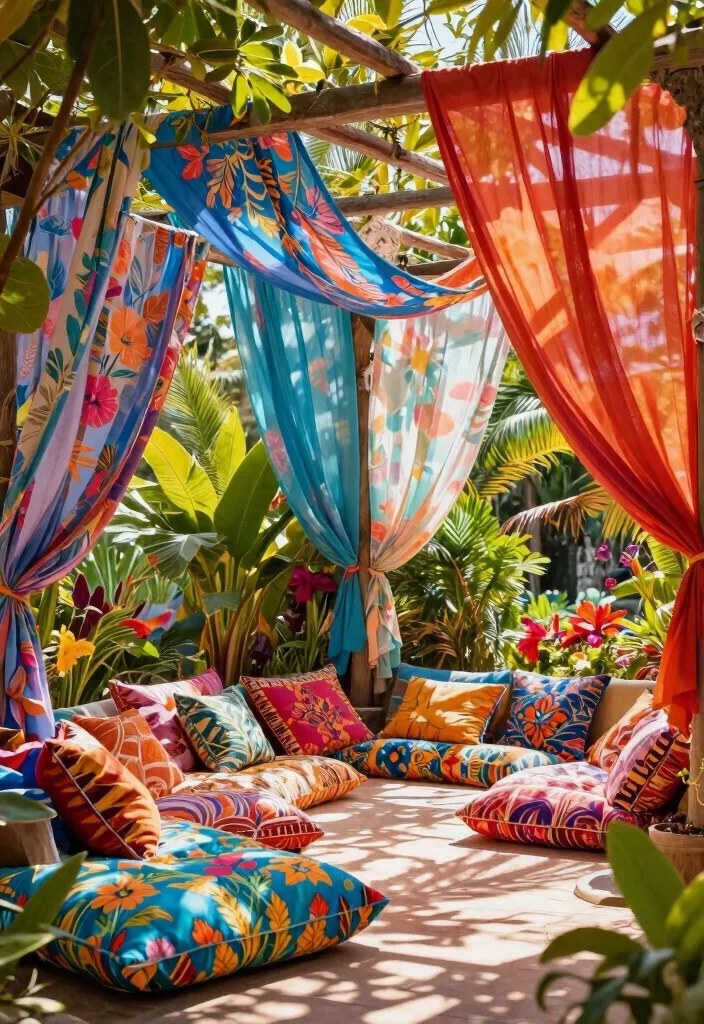 Outdoor dining experience under a large rustic pergola.