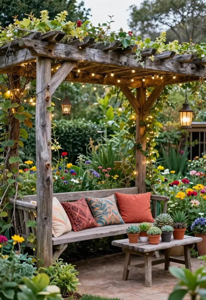 Zen retreat with bamboo accents and soft cushions in a pergola.