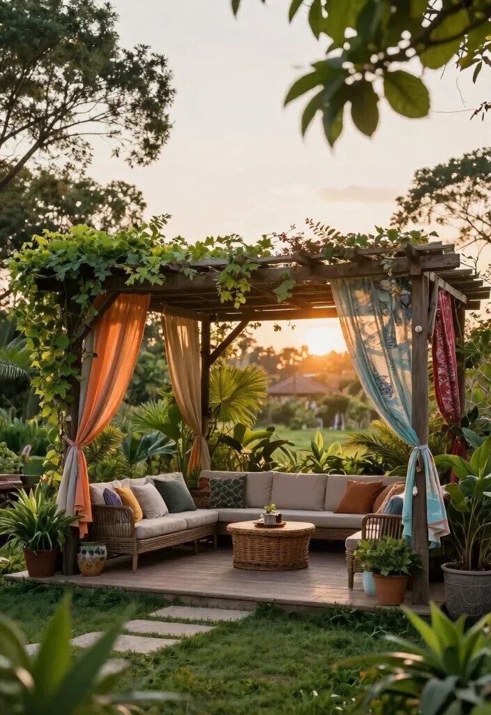 Tropical boho pergola adorned with colorful drapes and seating.