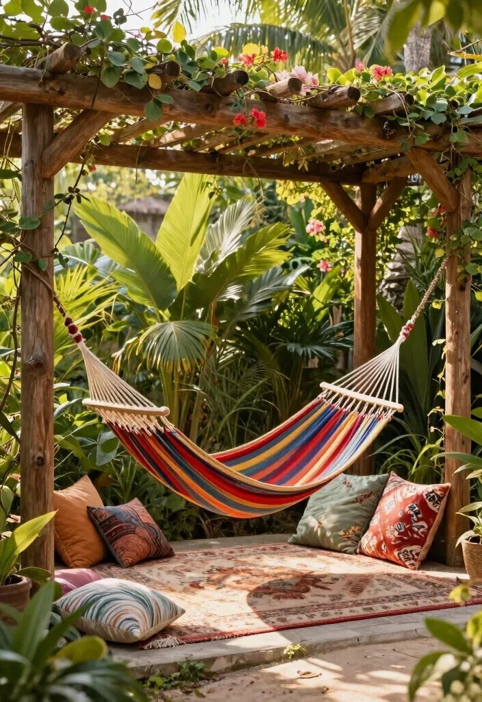 Vibrant hammock nestled under a bohemian pergola in a garden.