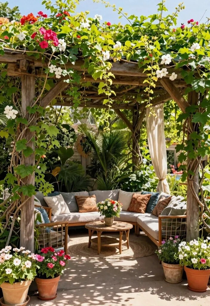 Flowering vines covering a sectional sofa under a pergola.