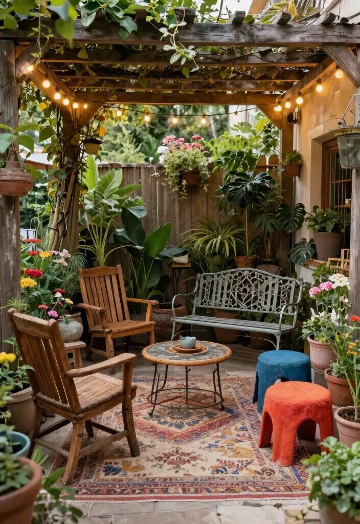 Eclectic mismatched furniture and a kilim rug in a pergola.