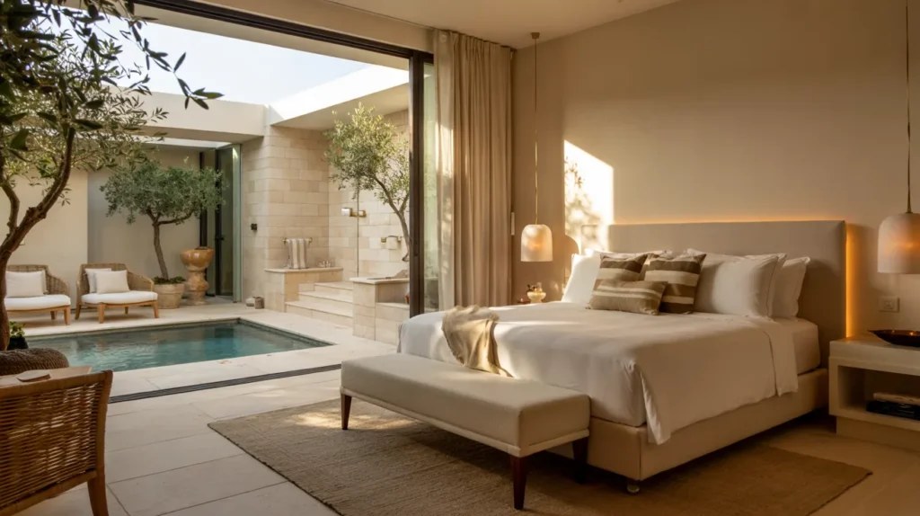 Elegant bed linens in luxury guest suite ideas for comfort.