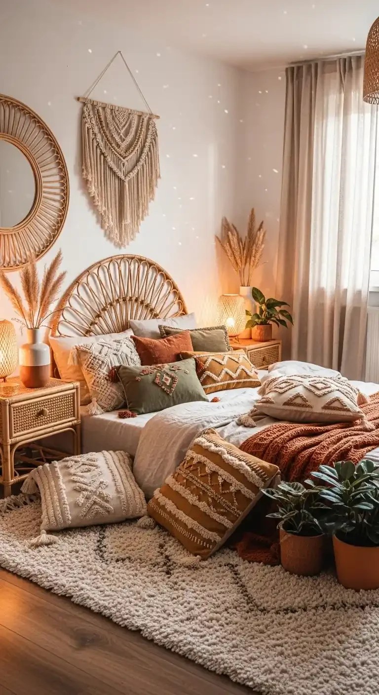 Cozy boho bedroom with rattan furniture and earthy textures.