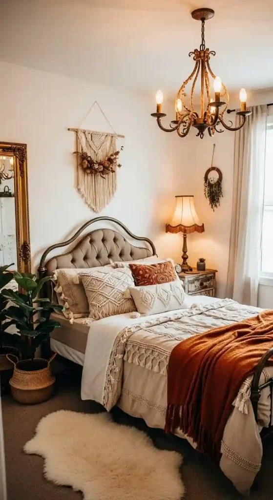 Boho Bedroom with Vintage Lighting Fixtures and Warm Glow