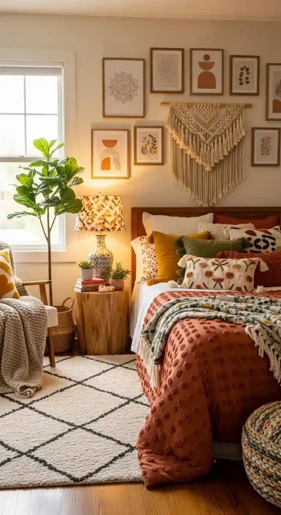 Cozy Boho Bedside Retreat with Soft Lighting and Textiles
