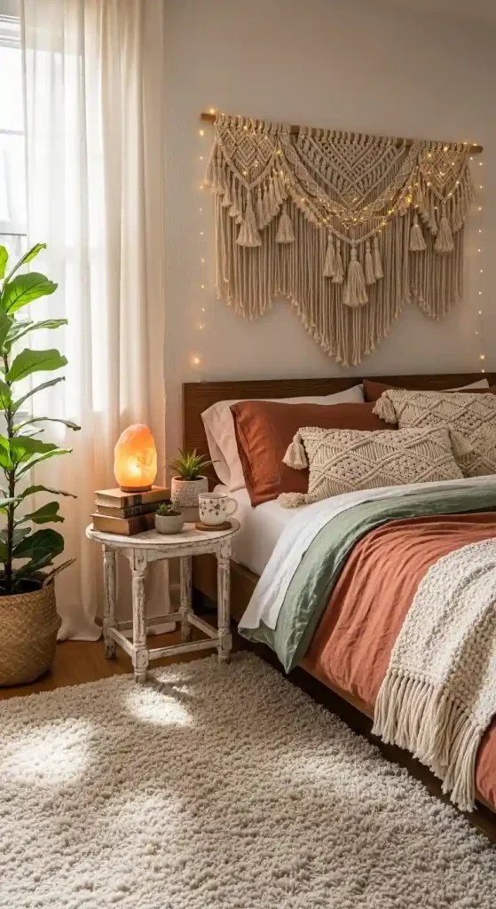 Boho Bedroom with Textured Wall Hangings and Ceiling Accents