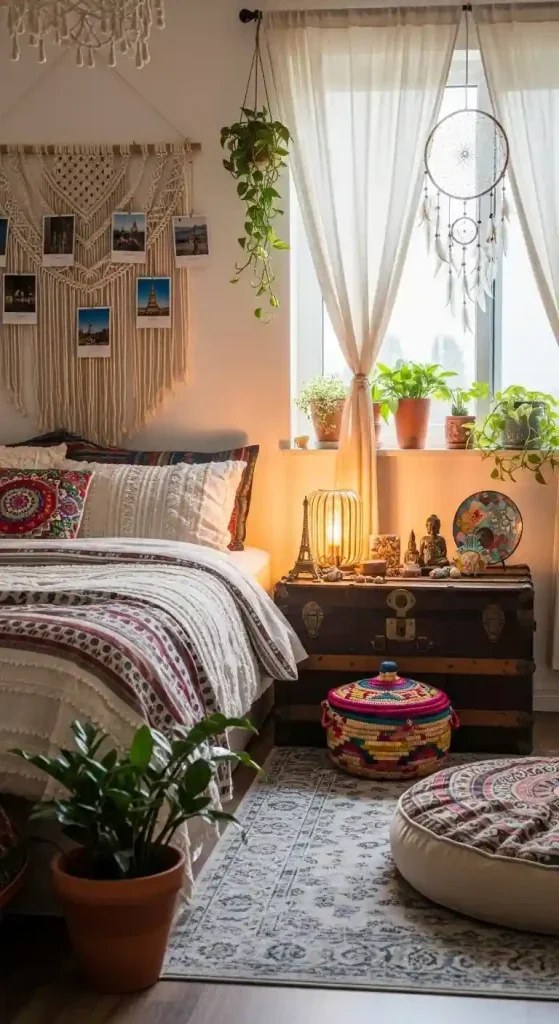 Travel-Inspired Boho Bedroom with Cultural Decor Elements