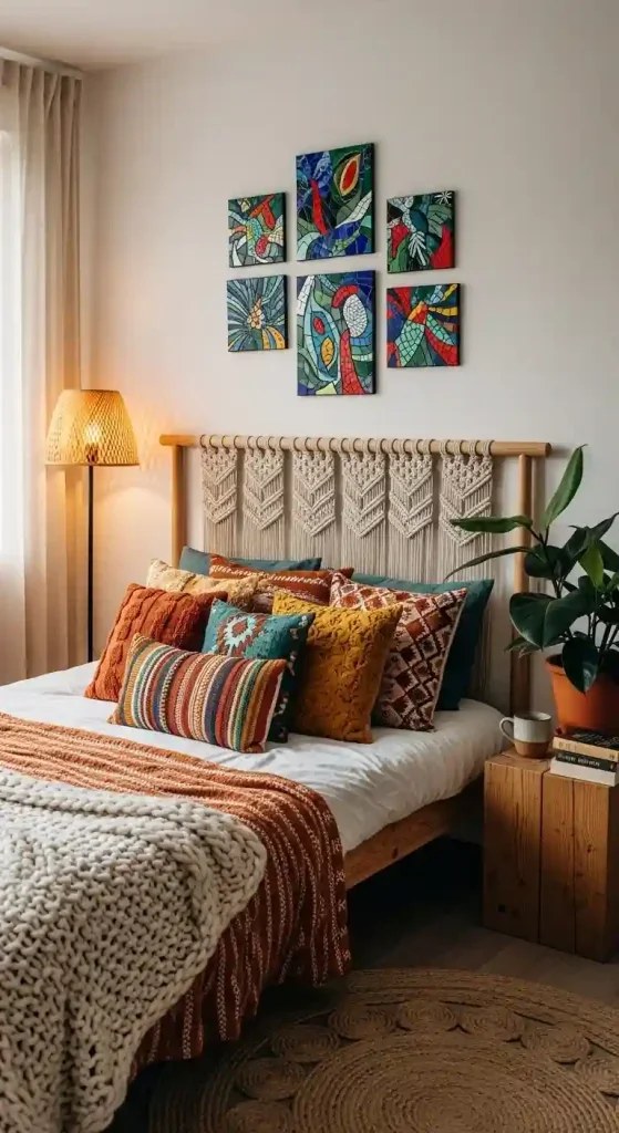Boho Bedroom with Mosaic Accents and Vibrant Color Details
