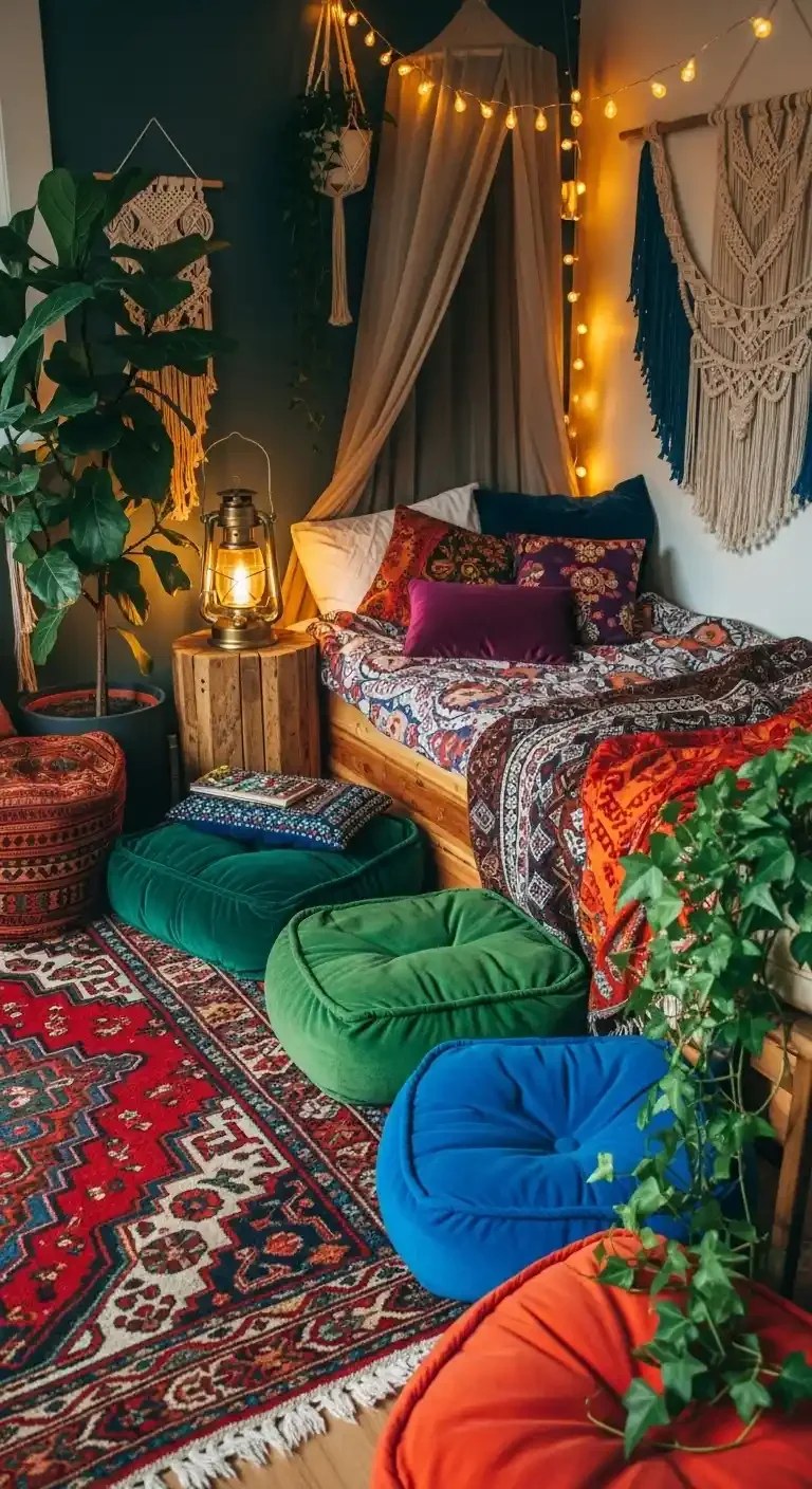 Colorful boho bedroom featuring rich jewel tones and layered textiles.