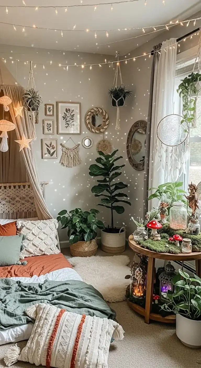 Whimsical boho room adorned with fairy lights and hanging plants.